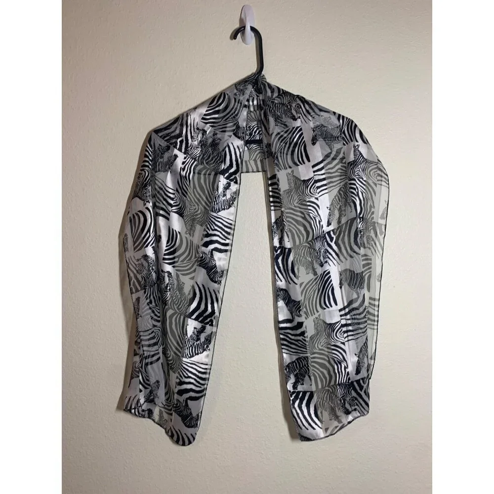 Vintage Zebra Squares Printed Stripe Oblong Satin Scarf African Animal Black Y2K